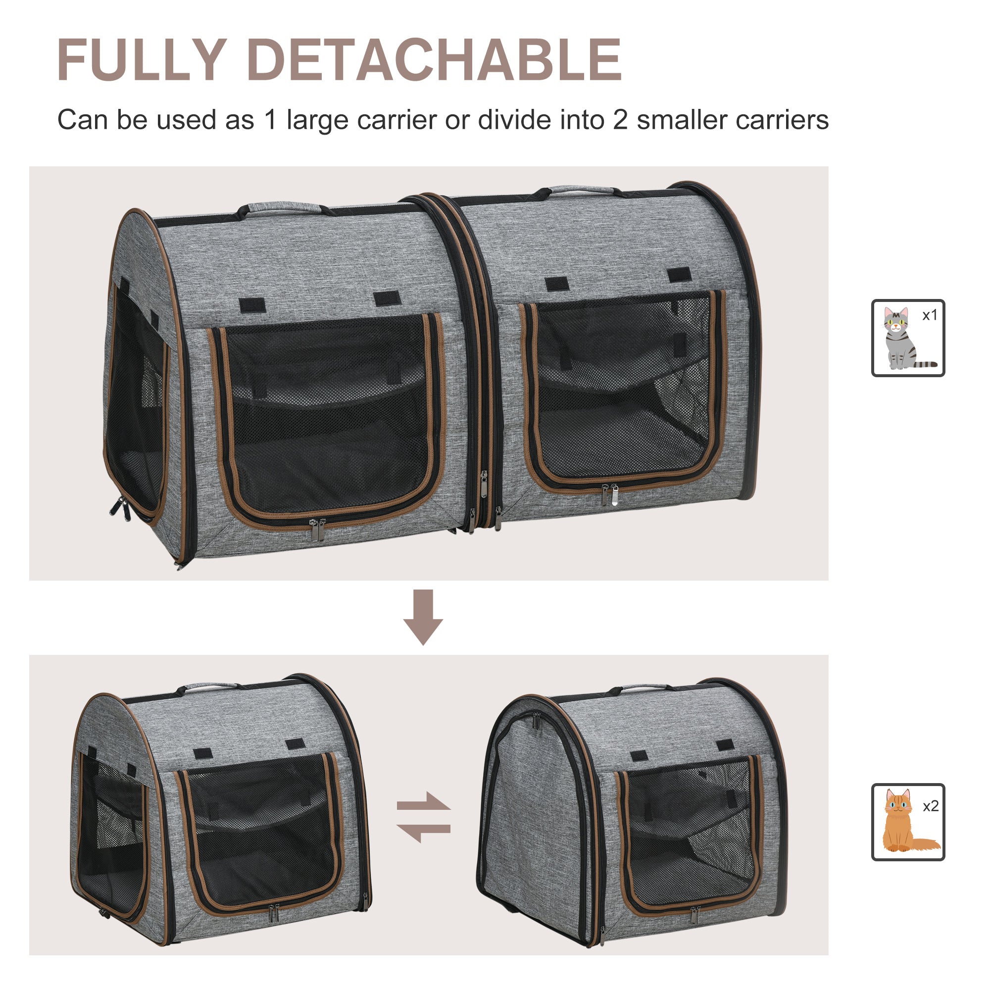 39" Portable Soft-Sided Cat Carrier, Cat Kennel, Travel Dog Crate with Divider, Two Compartments, Soft Cushions & Storage Bag, Easy to Fold, Light Gray