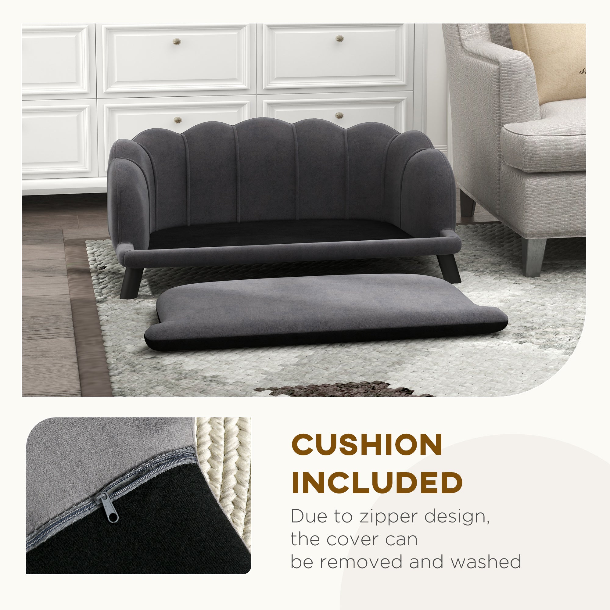 Pearl Design Pet Sofa for Medium and Large Sized Dogs, Pet Bed with Cushion and Solid Wood Legs, Charcoal Gray