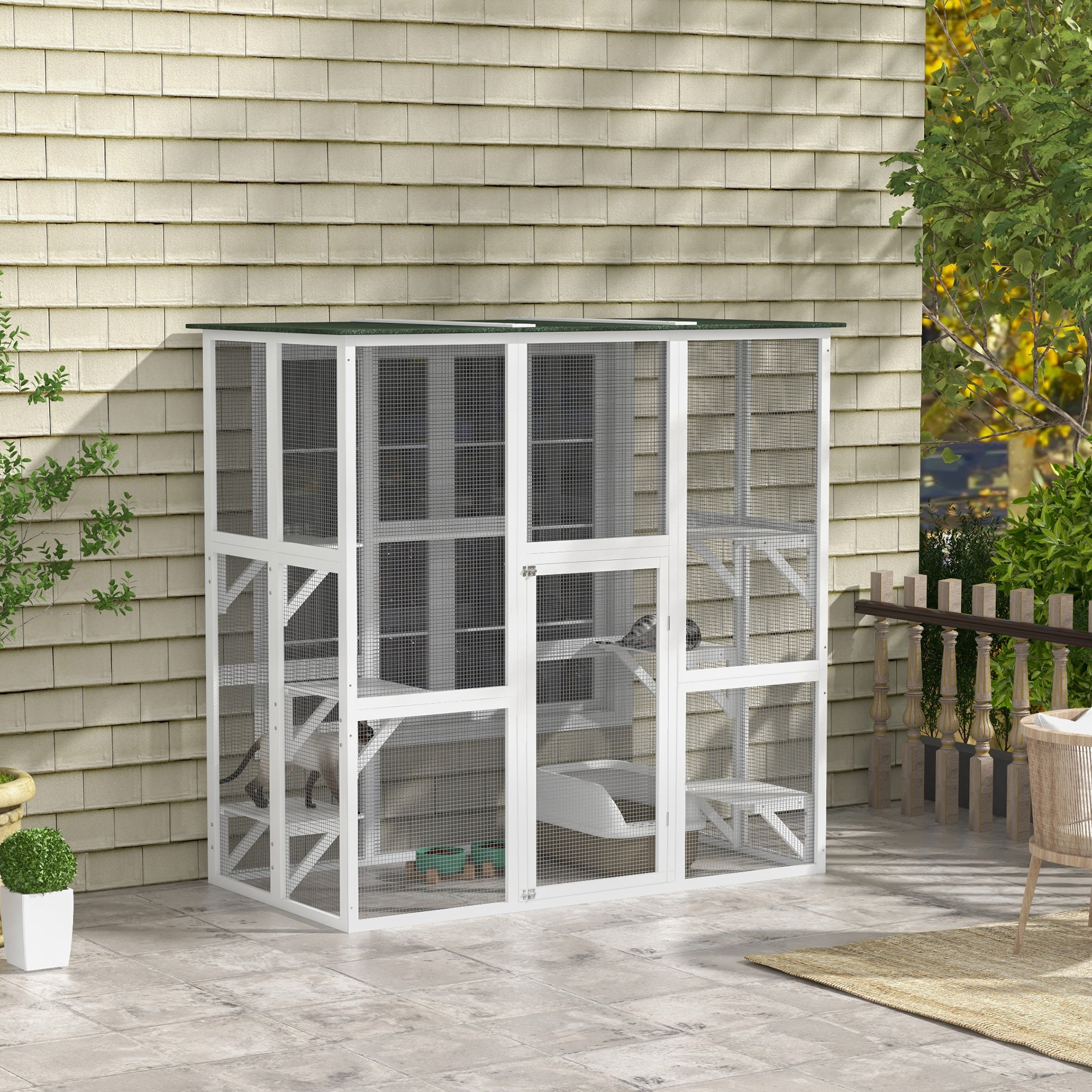 Outdoor Cat House Big Catio Wooden Feral Cat Shelter Enclosure with Large Spacious Interior, 6 High Ledges, Weather Protection Asphalt Roof, 71" L, White