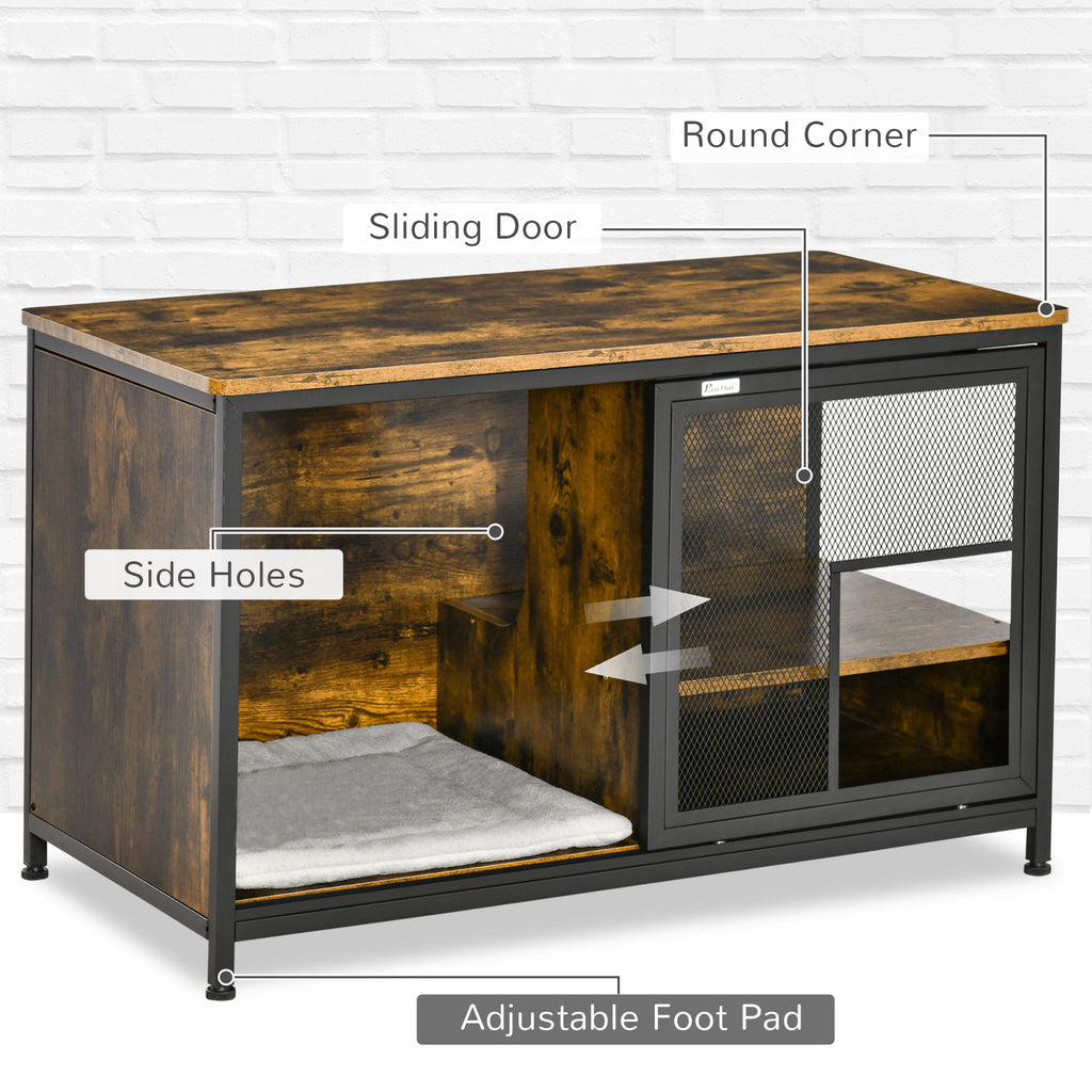 Wooden Cat Crate, Furniture Style Dog Cage, Puppy Kennel Indoor, End Table Pet House with Cushion and Sliding Doors, Rustic Brown