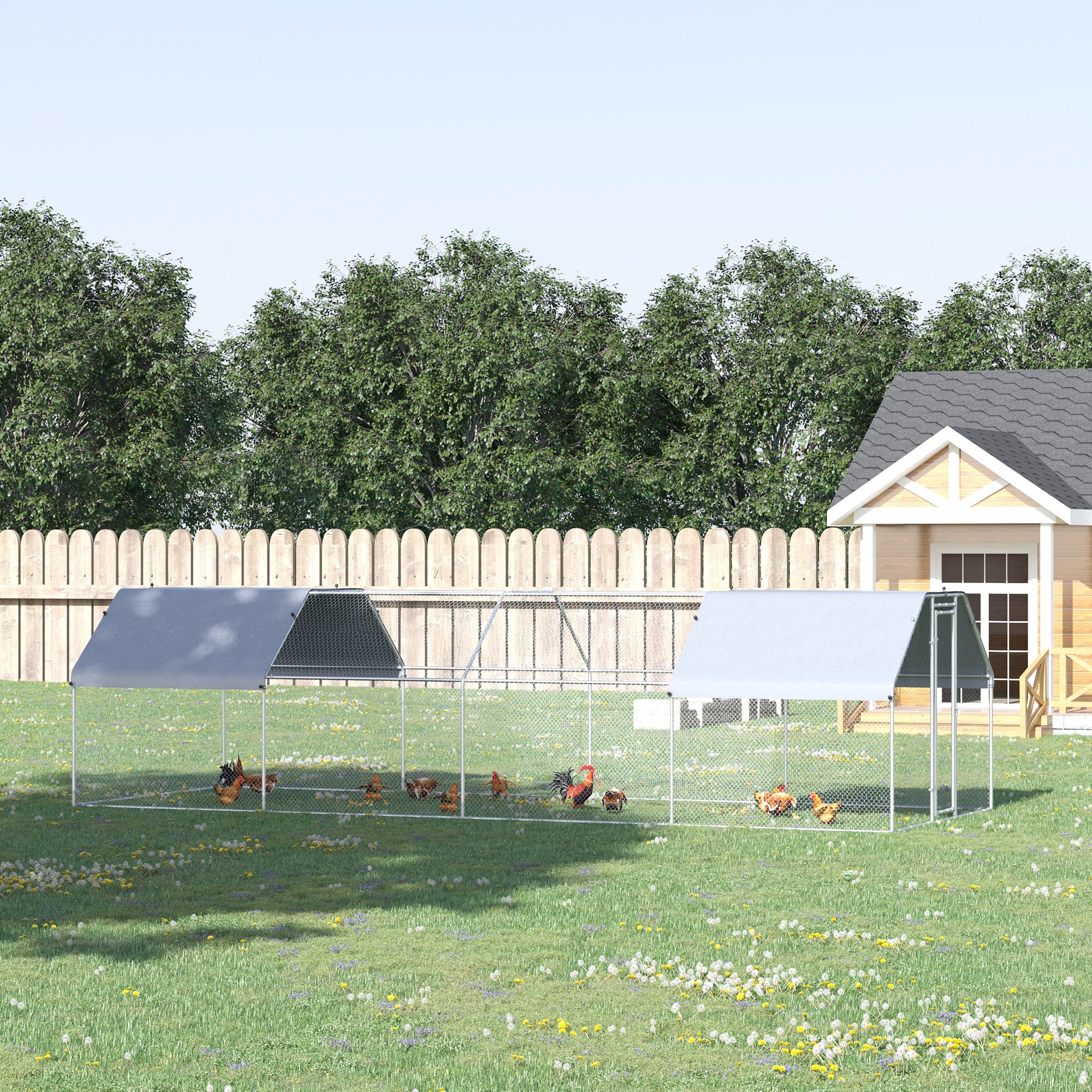 Large Chicken Coop Metal Chicken Run with Waterproof and Anti-UV Cover, Flat Shaped Walk-in Fence Cage Hen House for Outdoor and Yard Farm Use, 1.3" Tube Diameter, 9' x 24' x 6.5'