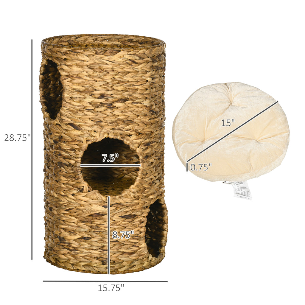 Elevated Cat Bed with Three Hideaways & Four Soft Plush Cushions, Cat Tower with Hand-Woven Materials, Multi-Layer Raised Kitten Bed Caves
