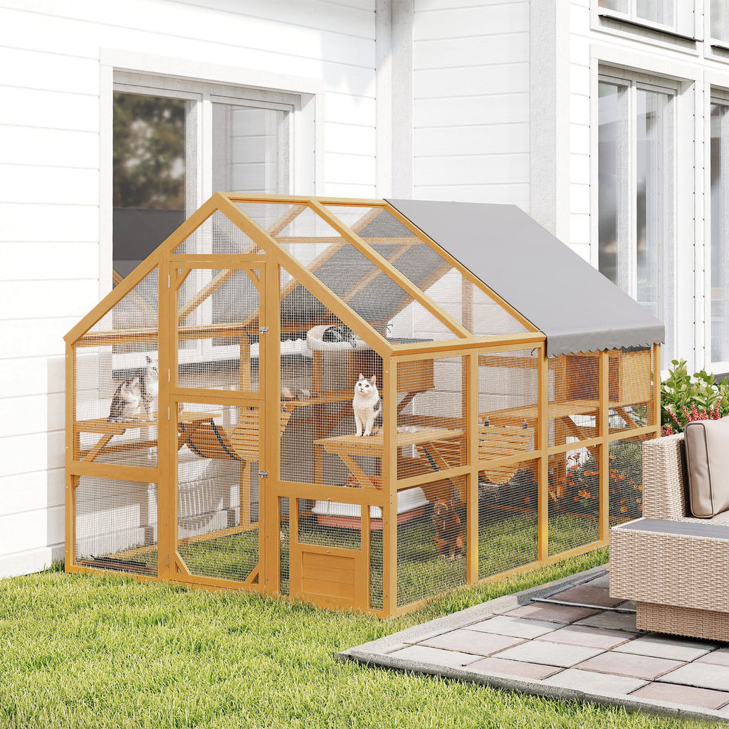 Wooden Catio Outdoor Cat Enclosure, Large Cat House with Waterproof Cover, 2 Condos, 6 Platforms, Bridge, Doors, Yellow