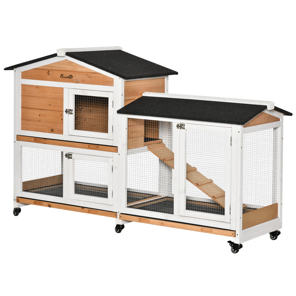 62" Wooden Mobile Rabbit Hutch with Wheels, Run Box, Slide-out Tray, Ramp, Yellow