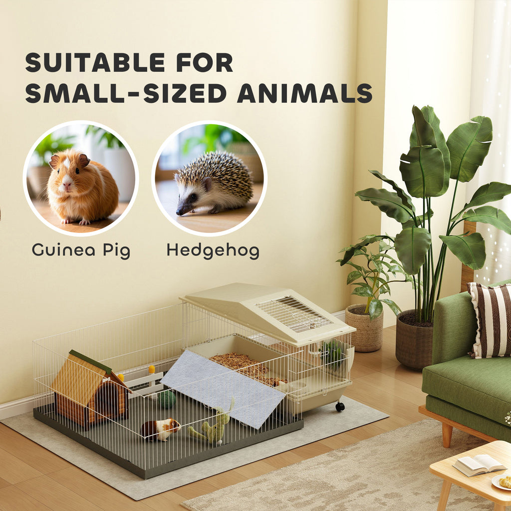 Guinea Pig Cage with Removable Playpen, Waterproof Pad, Hay Feeder & Water Bottle, Small Animal Habitat for Indoor Use