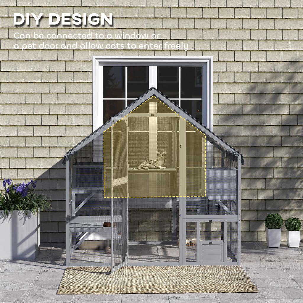 Wooden Catio Outdoor Cat Enclosure with Waterproof Cover, 2 Condos, 4 Platforms, Bridge, Doors, Gray