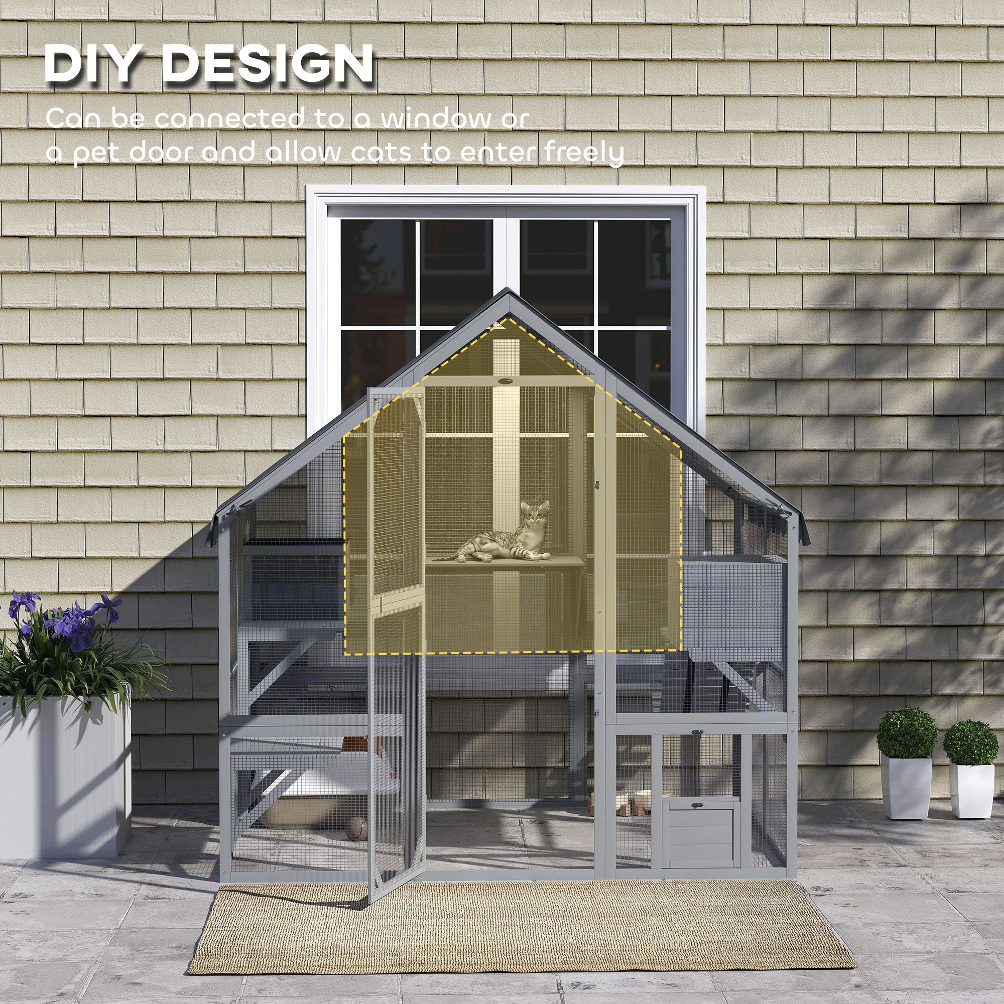 Wooden Catio Outdoor Cat Enclosure with Waterproof Cover, 2 Condos, 4 Platforms, Bridge, Doors, Gray