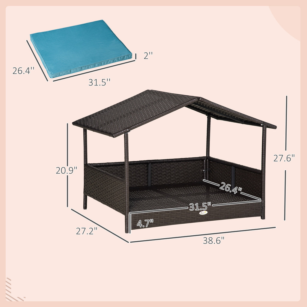 Wicker Dog House Outdoor with Canopy, Rattan Dog Bed with Water-resistant Cushion, Raised Pet Bed for Small, Medium Breeds up to 66 lbs, 20" in Length, Brown Wicker, Blue Cushion