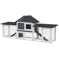 Outdoor Rabbit House 83" 2 Story Deluxe XL Wooden Rabbit Hutch, Big Bunny Cage w/ Ladder and Run, Dark Gray
