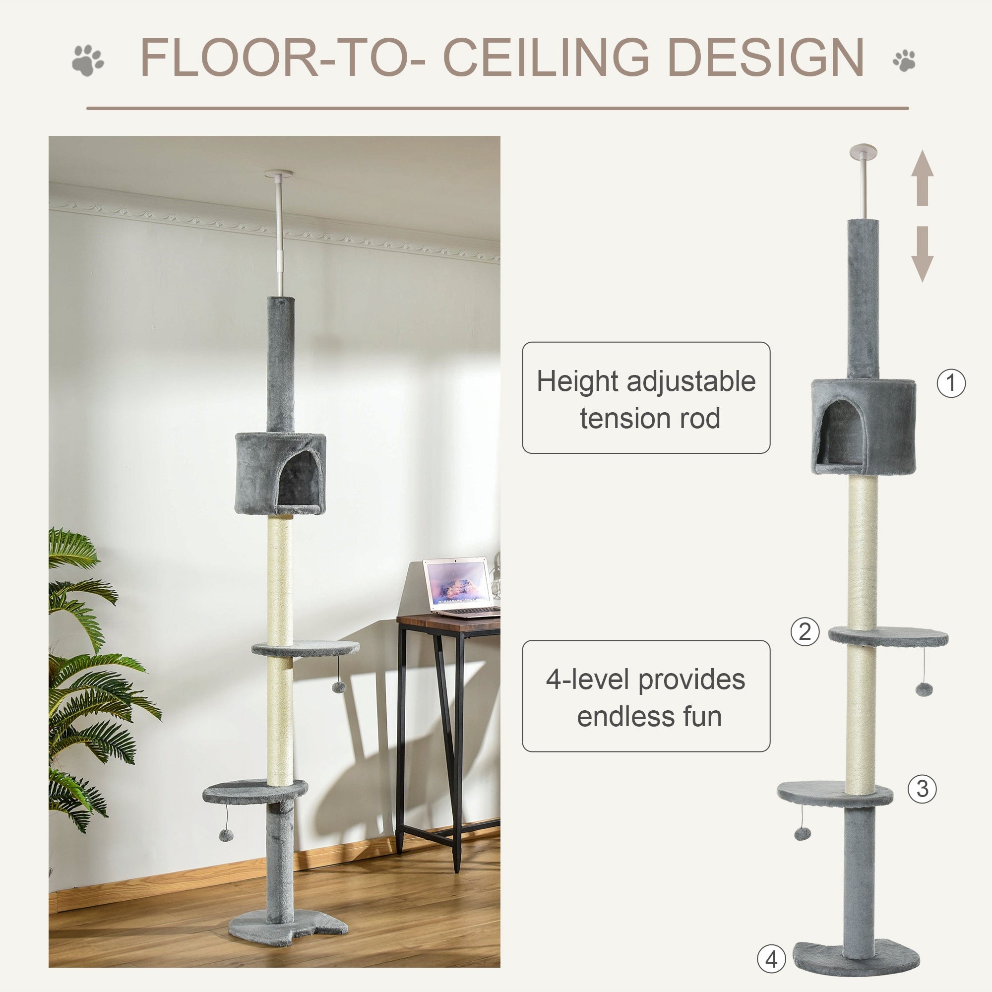 85.5" Adjustable Floor to Ceiling Cat Tree - 4-Tier Tall Cat Tower with Condo, Scratching Post & Hanging Balls, No-Drill Tension Mount Activity Center