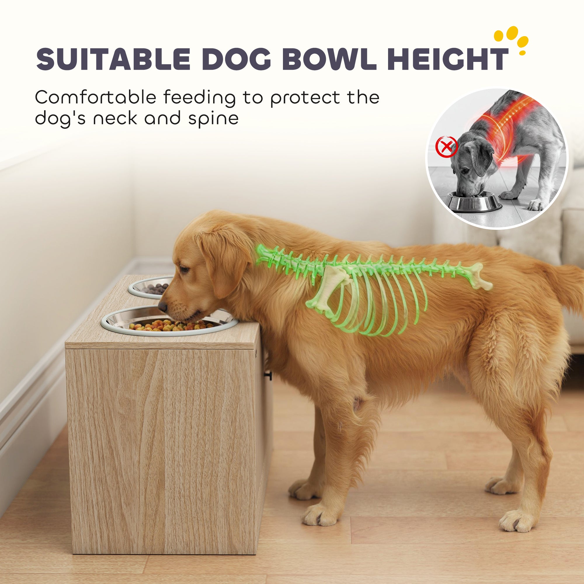 Elevated Dog Bowls with Storage Cabinet,  2 Stainless Steel Bowls, Slow Feeder, Dog Feeding Station for Large Dogs, Oak