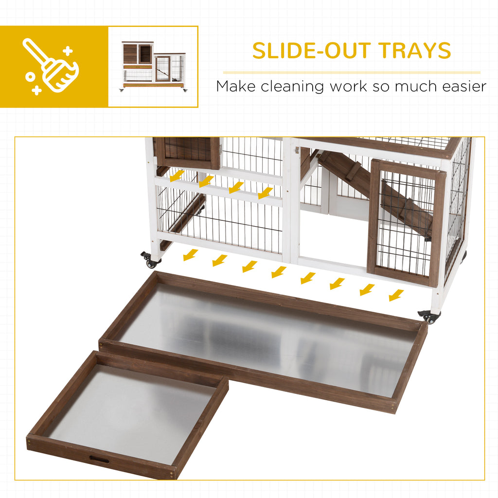 Wooden Rabbit Hutch Elevated Bunny Cage Indoor Small Animal Habitat with Enclosed Run with Wheels, Ramp, Removable Tray for Rabbits, Chickens, Ducks, Guinea Pigs, Brown