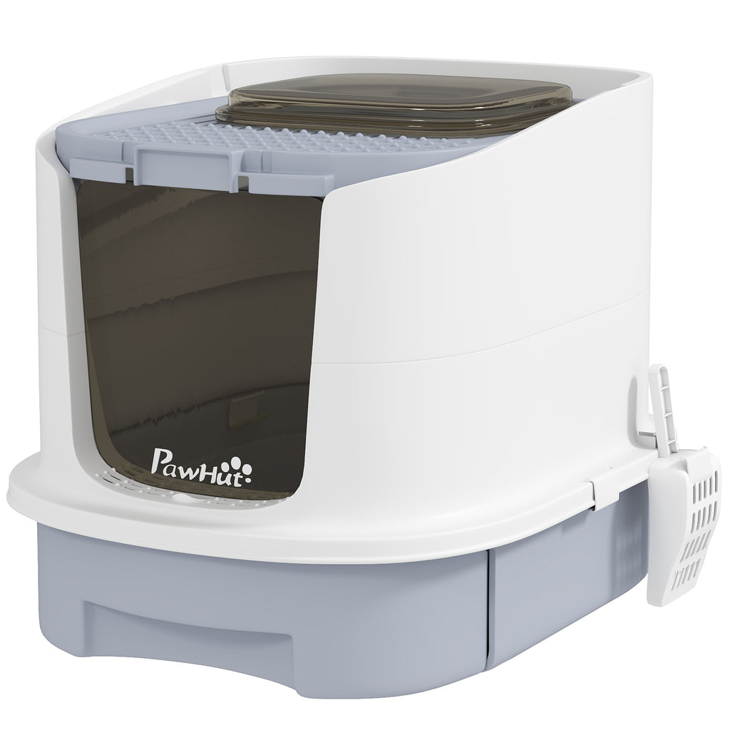 Covered Cat Litter Box with Lid, Drawer, Scoop, Top Entry, Deodorizing Bags, Odor Control, Easy to Clean, Gray