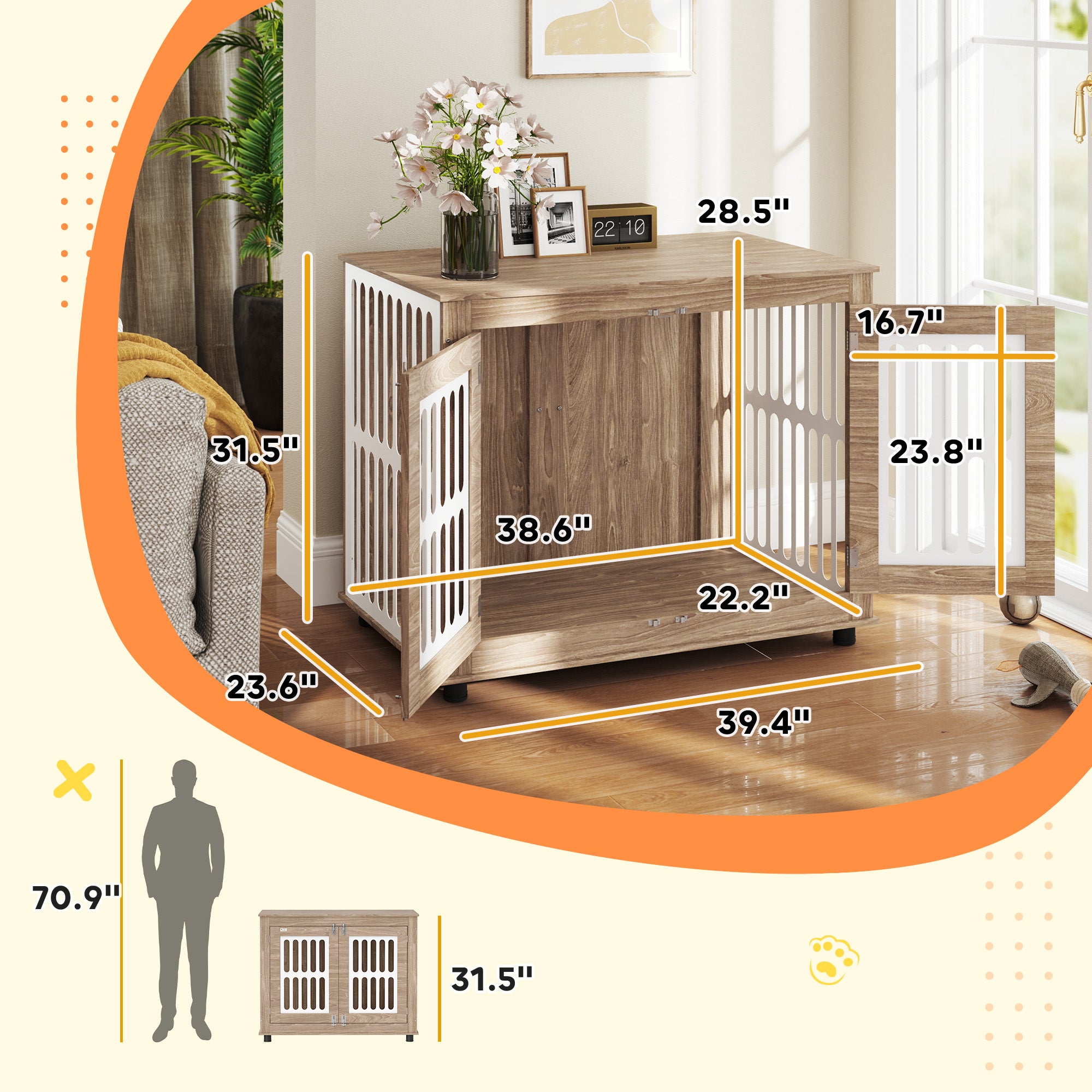 39" Dog Crate Furniture with 2 Doors, Adjustable Non-slip Foot Mats, for Large Dogs, Walnut Brown