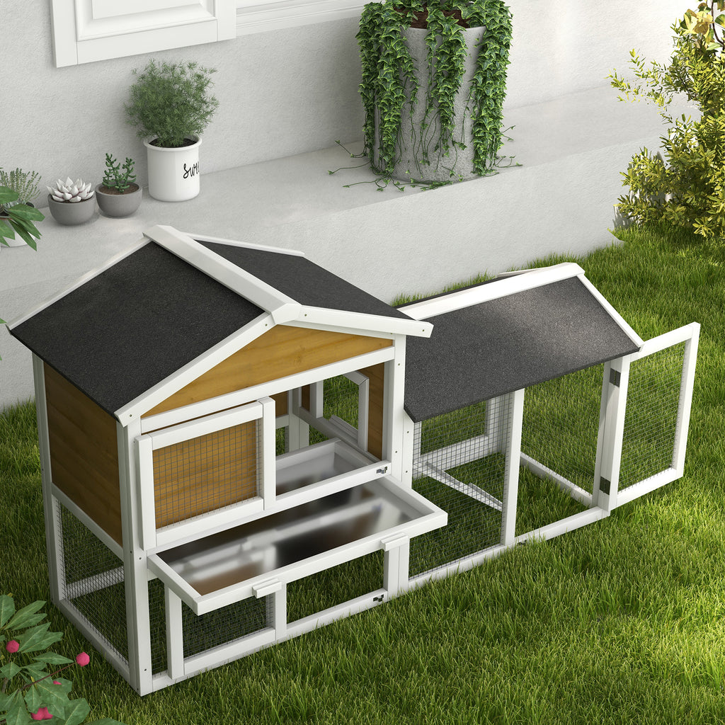 58" Wooden Rabbit Hutch with Run, Removable Tray, Asphalt Roof,  Lockable Doors and Ramp, Nature Wood