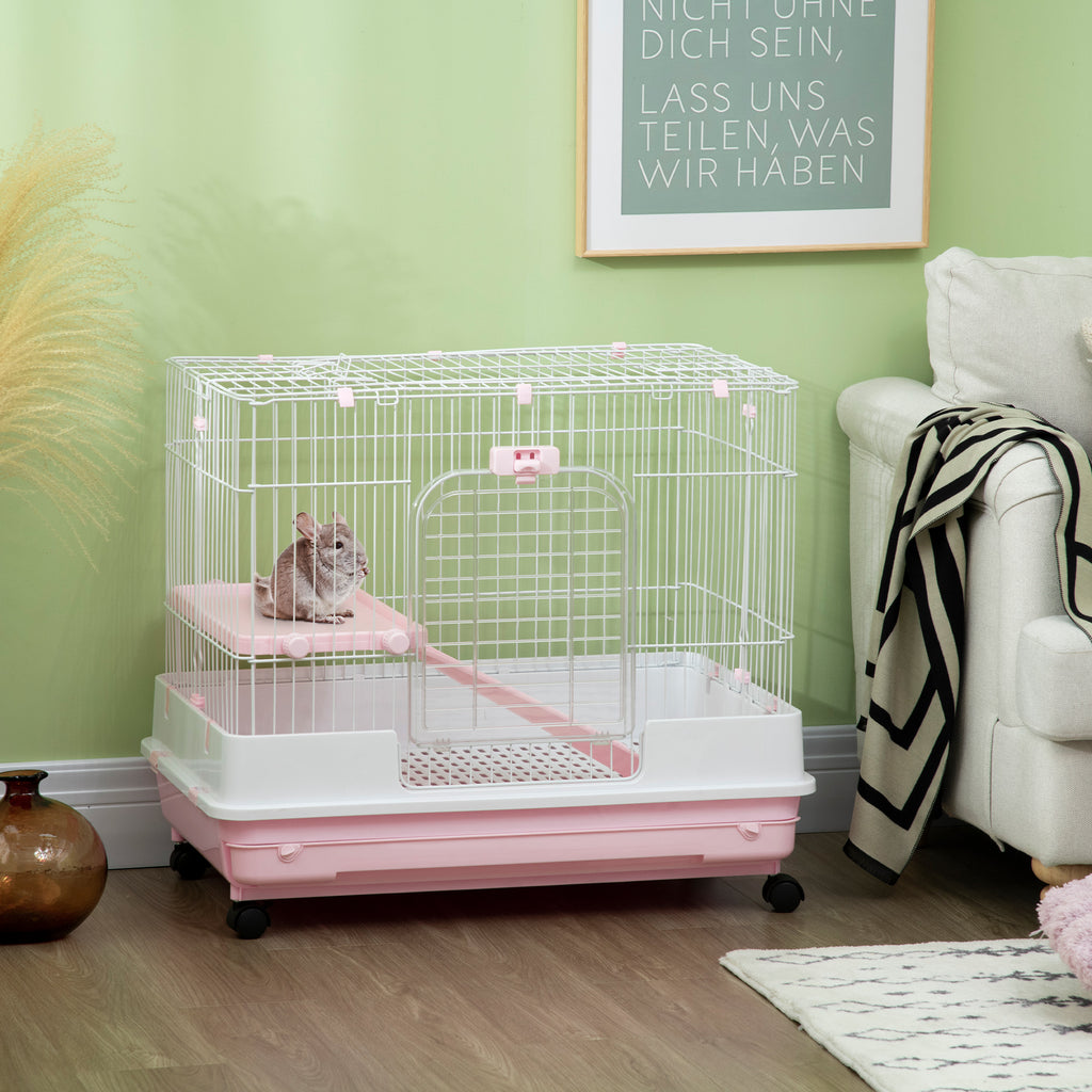 2-Level Small Animal Cage Rabbit Hutch with Wheels, Removable Tray, Platform and Ramp for Bunny, Chinchillas, Ferret, Pink