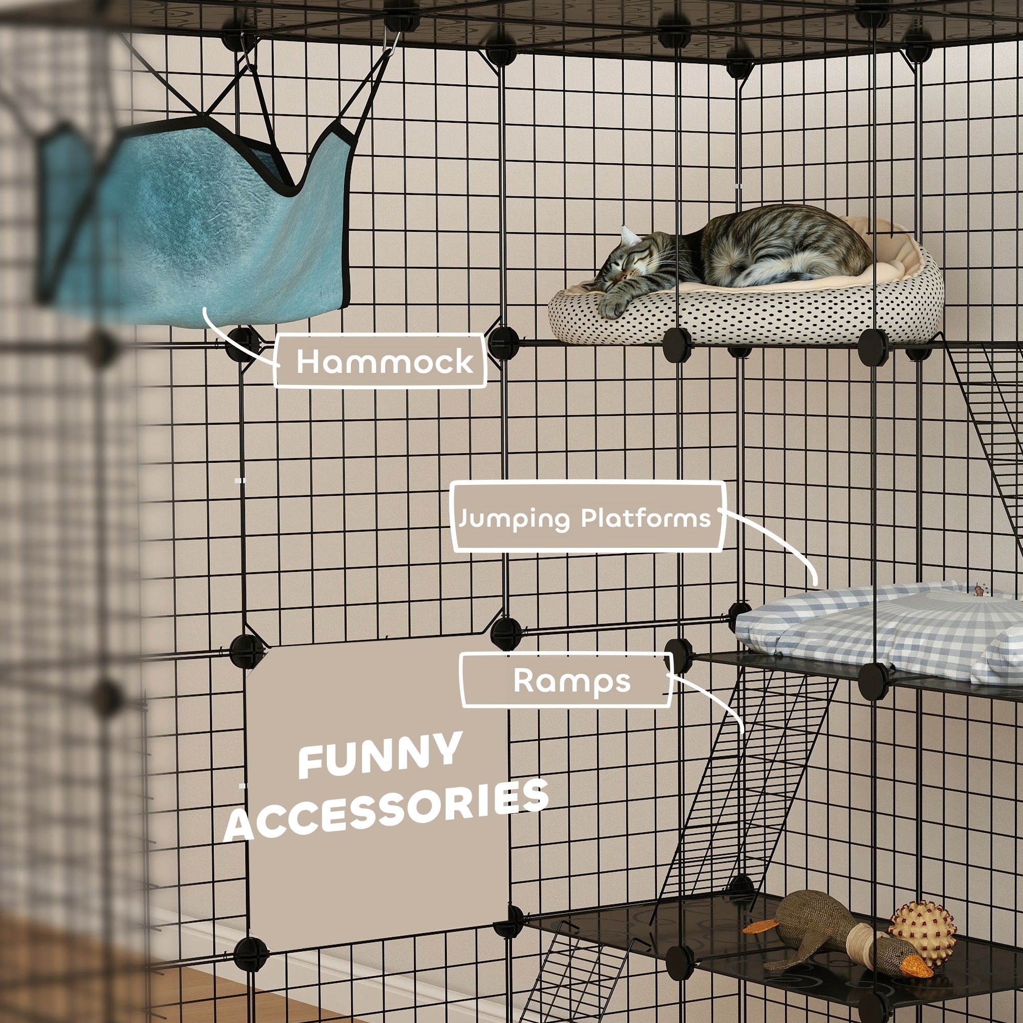 DIY 4 Tier Cat Cage Indoor with Hammock, Ramps, Jumping Platforms, Doors, Cat Enclosure for 1-3 Cats, 3 x 3 x 4, Black