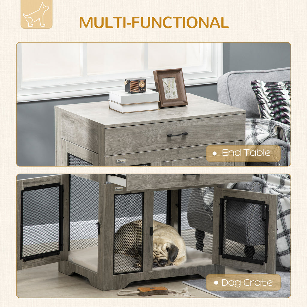 Dog Crate Furniture with Soft Water-Resistant Cushion, Dog Kennel End Table with Drawer, Puppy Crate for Small Dogs Indoor with 2 Doors, Gray