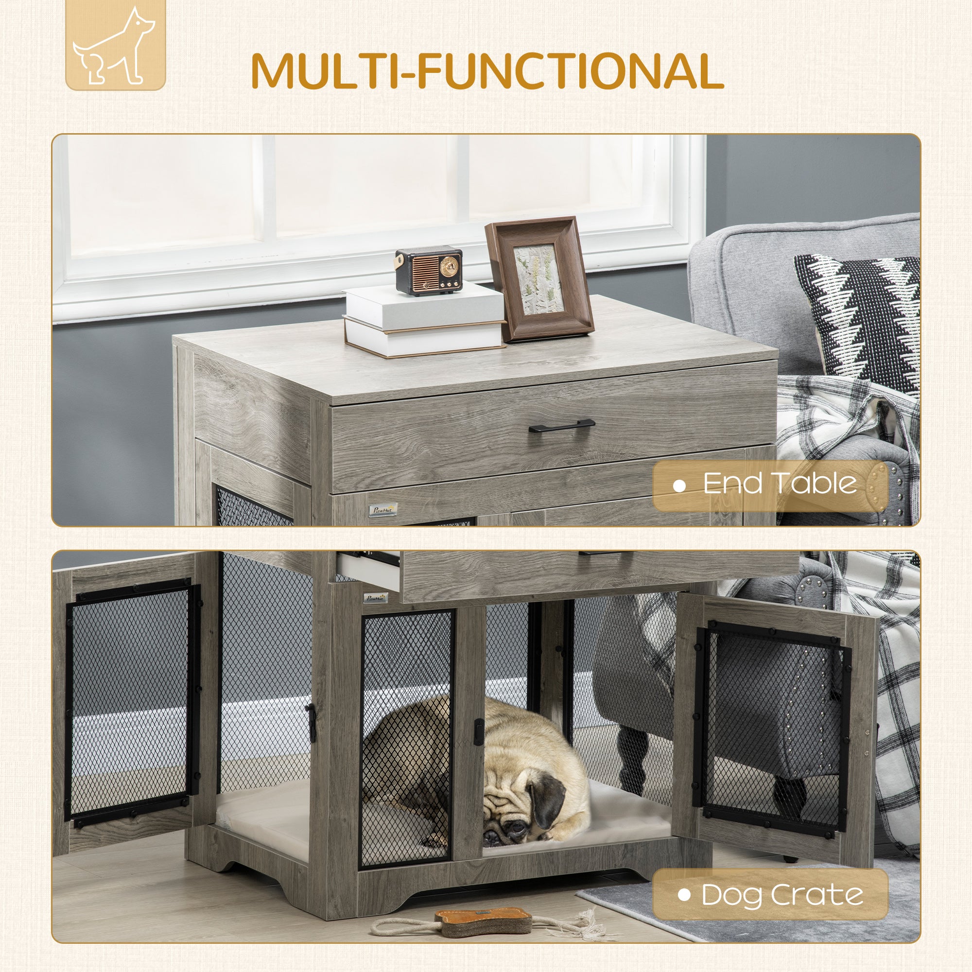 Dog Crate Furniture with Soft Water-Resistant Cushion, Dog Kennel End Table with Drawer, Puppy Crate for Small Dogs Indoor with 2 Doors, Gray