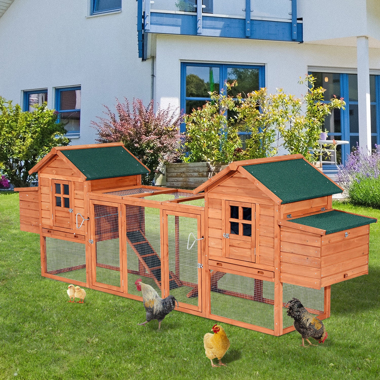 124" Dual Chicken Coop Wooden Large Chicken House Rabbit Hutch Hen Poultry Cage Backyard with Outdoor Ramps and Nesting Boxes