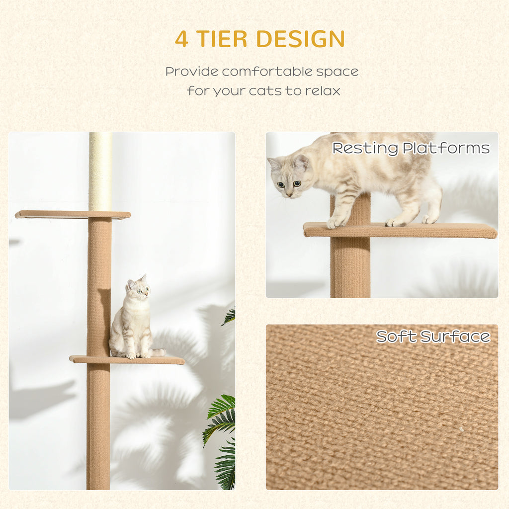 Light Brown Floor to Ceiling Cat Tree - Adjustable Height 4-Tier Cat Tower with Sisal Scratching Posts, Stable Activity Center Furniture for Indoor Kittens