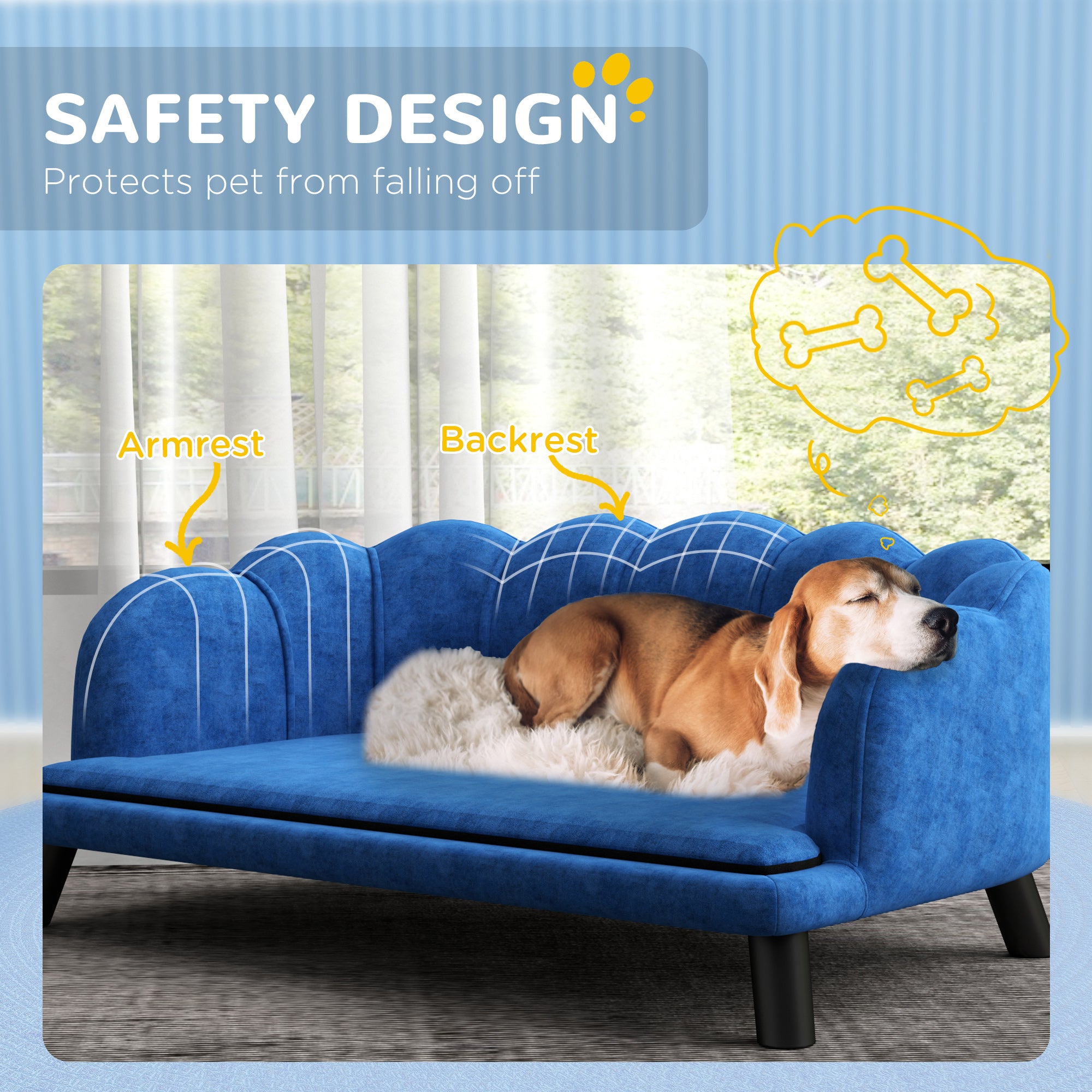 Pearl Design Pet Sofa for Medium and Large Sized Dogs, Pet Bed with Cushion and Solid Wood Legs, Dark Blue