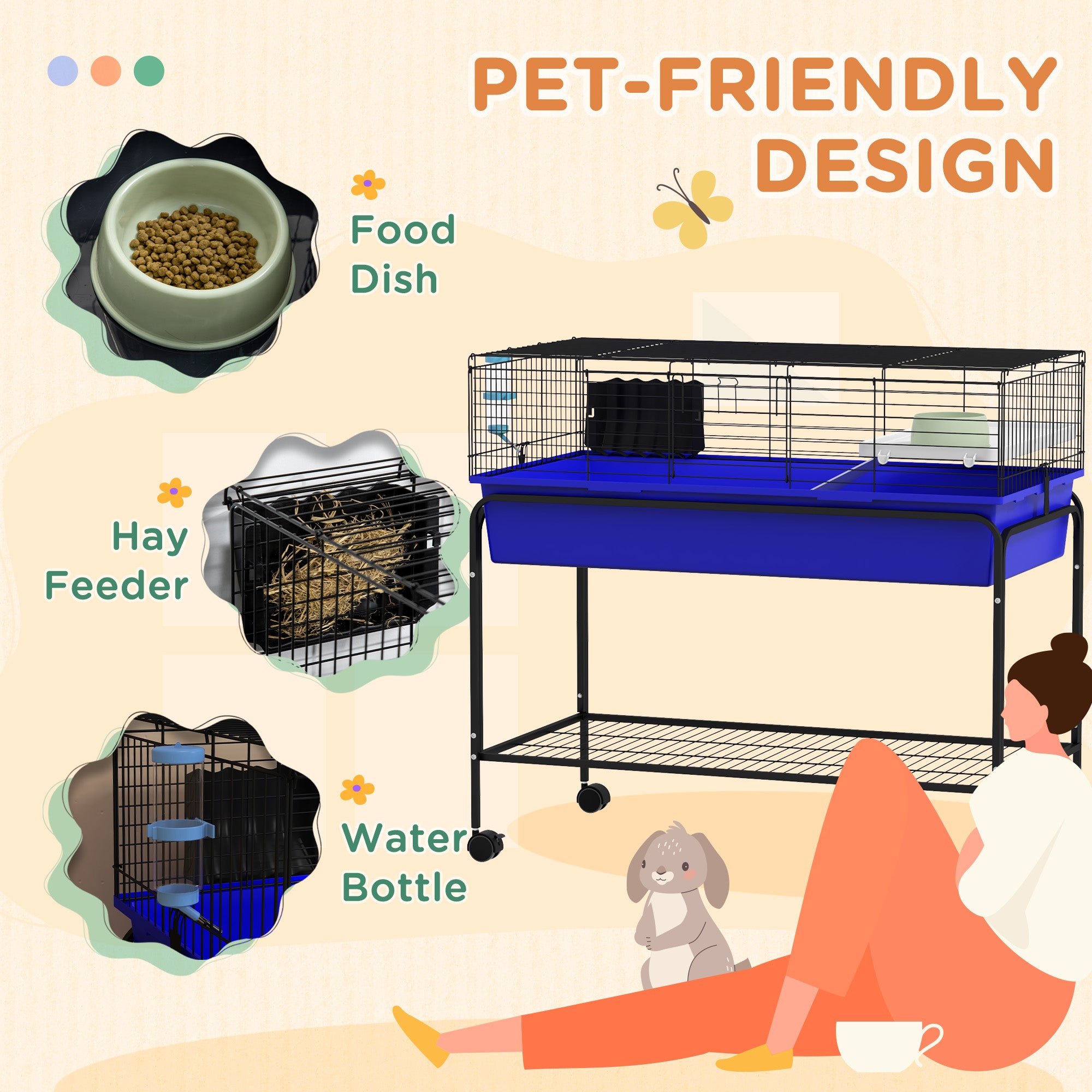 Two-Story Small Animal Cage Removable from Stand, Pet Habitat with Shelf & Wheels, 39" x 20.5" x 36.5", Blue