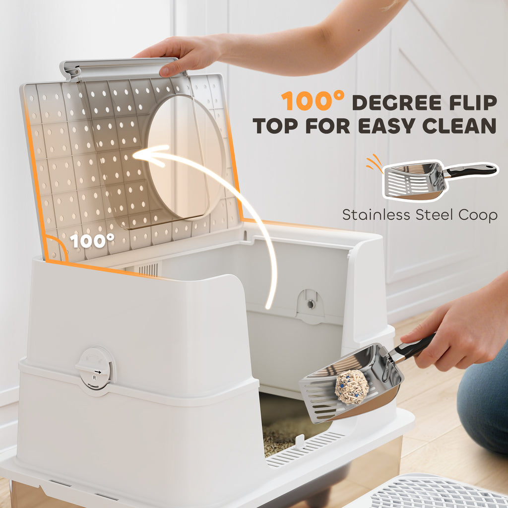 XL Stainless Steel Litter Box w/ 100¡ã Flip Top, Scoop, Step, Top & Side Entry Enclosed Litter Box for Big Cats