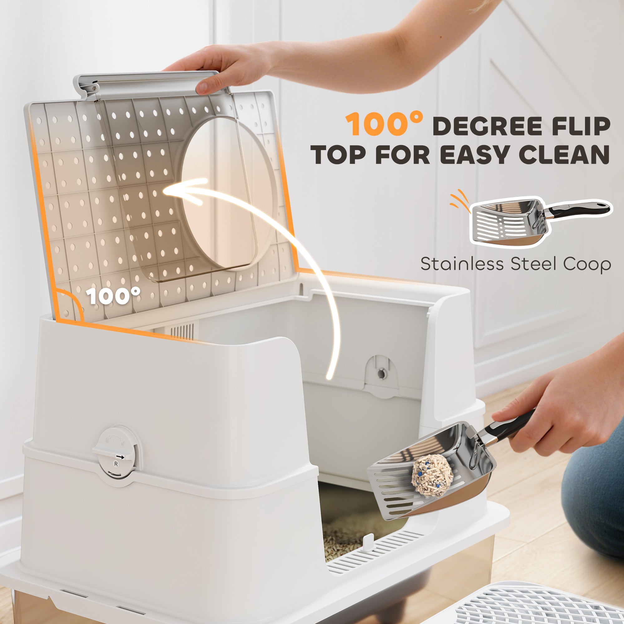 XL Stainless Steel Litter Box w/ 100¡ã Flip Top, Scoop, Step, Top & Side Entry Enclosed Litter Box for Big Cats