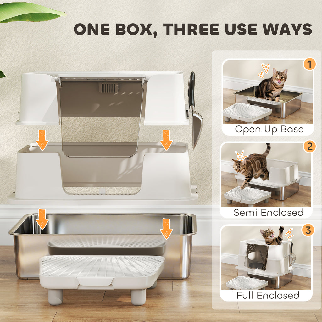 XL Stainless Steel Litter Box w/ 100¡ã Flip Top, Scoop, Step, Top & Side Entry Enclosed Litter Box for Big Cats