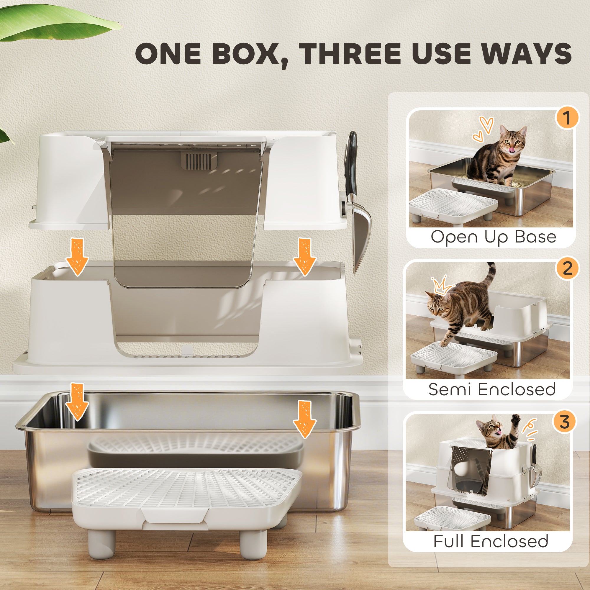 XL Stainless Steel Litter Box w/ 100¡ã Flip Top, Scoop, Step, Top & Side Entry Enclosed Litter Box for Big Cats