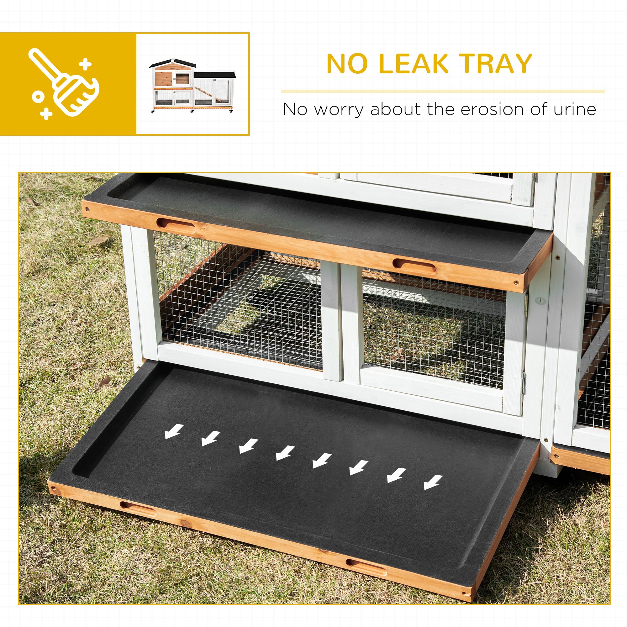 62" Wooden Mobile Rabbit Hutch with Wheels, Run Box, Slide-out Tray, Ramp, Yellow