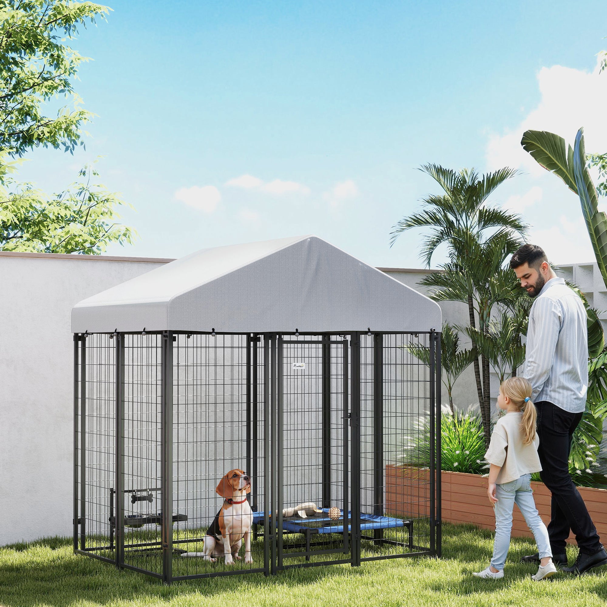 Outdoor Dog Kennel with Roof with Escape-proof Lock, UV-Resistant & Waterproof Cover, 5.9' x 4' x 6', Silver