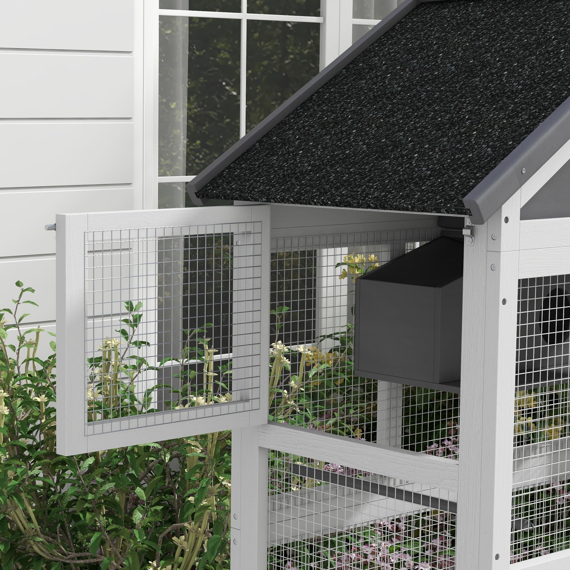 Wooden Bird Aviary with Slide-Out Tray, Birdhouse, Ladder, Perches for Finches, Parakeets, Gray