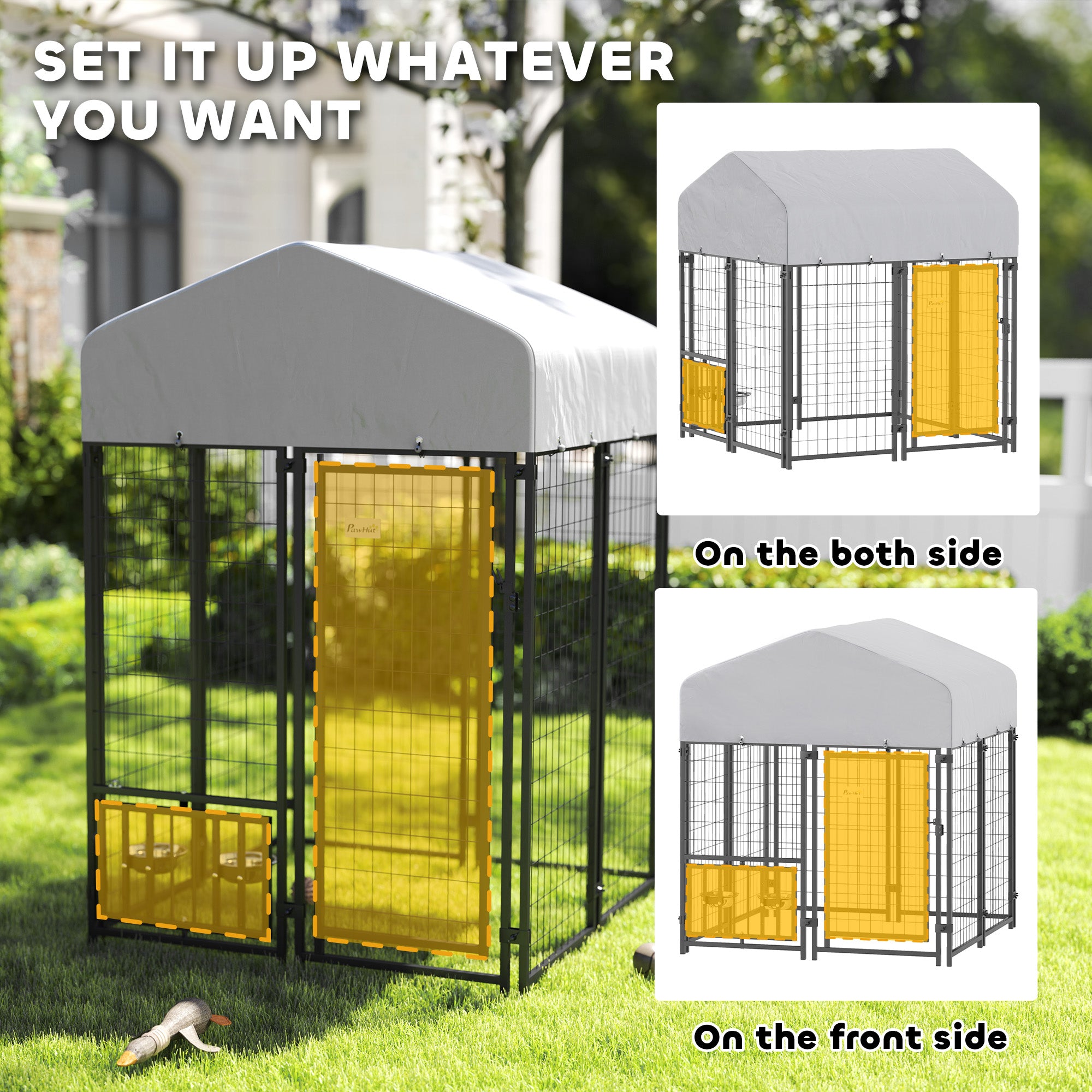 Welded Wire Outdoor Dog Kennel with 360¡ã Rotating & 4 Levels Adjustable Bowls, Waterproof Cover, 3.9' x 3.9' x 4.5'