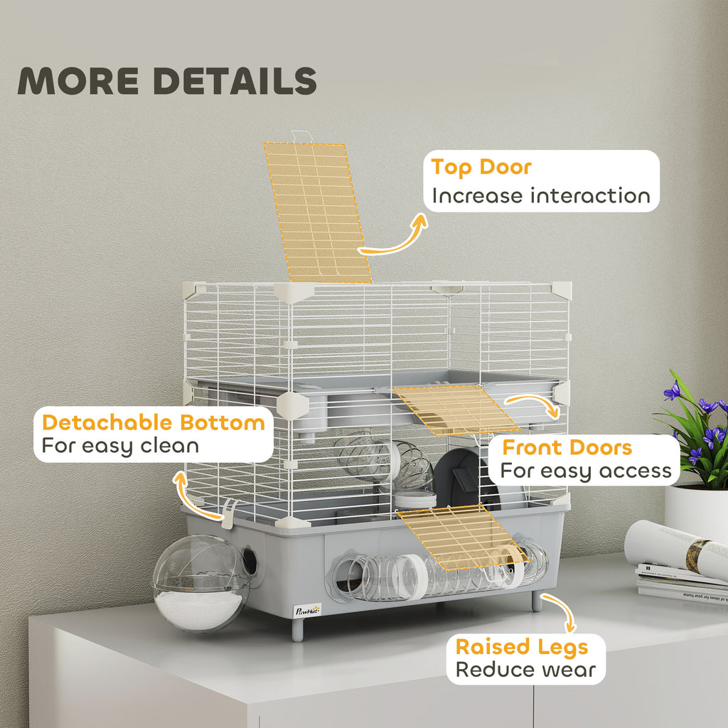 2-Tier Hamster Cage with Sand Bathroom, Running Wheel, Water Bottle, Tubes, Accessories, for Dwarf Hamster, Gray