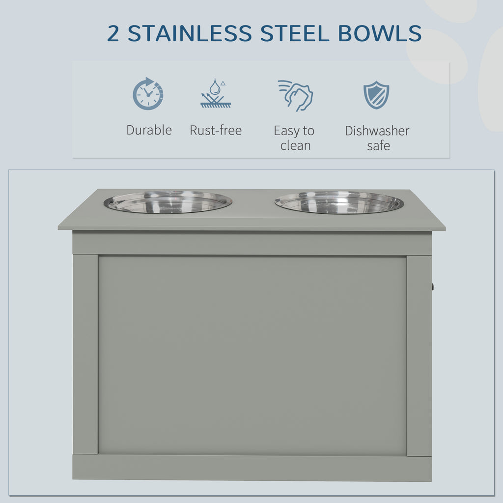Raised Pet Feeding Storage Station with 2 Stainless Steel Bowls Base for Large Dogs and Other Large Pets, Gray