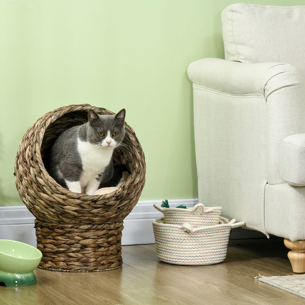 Handwoven Elevated Cat Bed with Soft Cushion & Egg Chair Shape, Basket Bed Kitty House with Stand, Raised Wicker House for Indoor Cats, 20" H, Gray