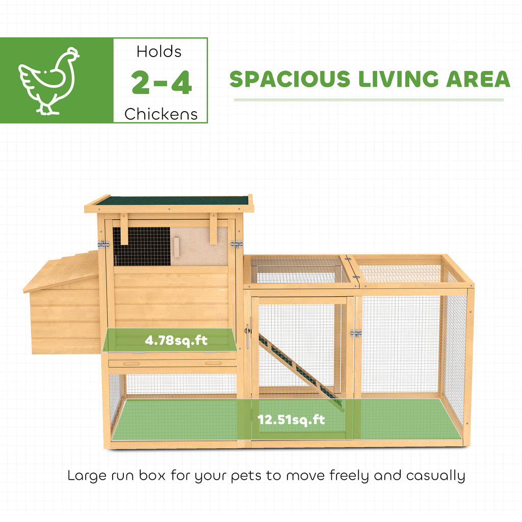 75" Wooden Chicken Coop with Nesting Box, Removable Tray, Ramp Run, for Garden Backyard, Natural Wood