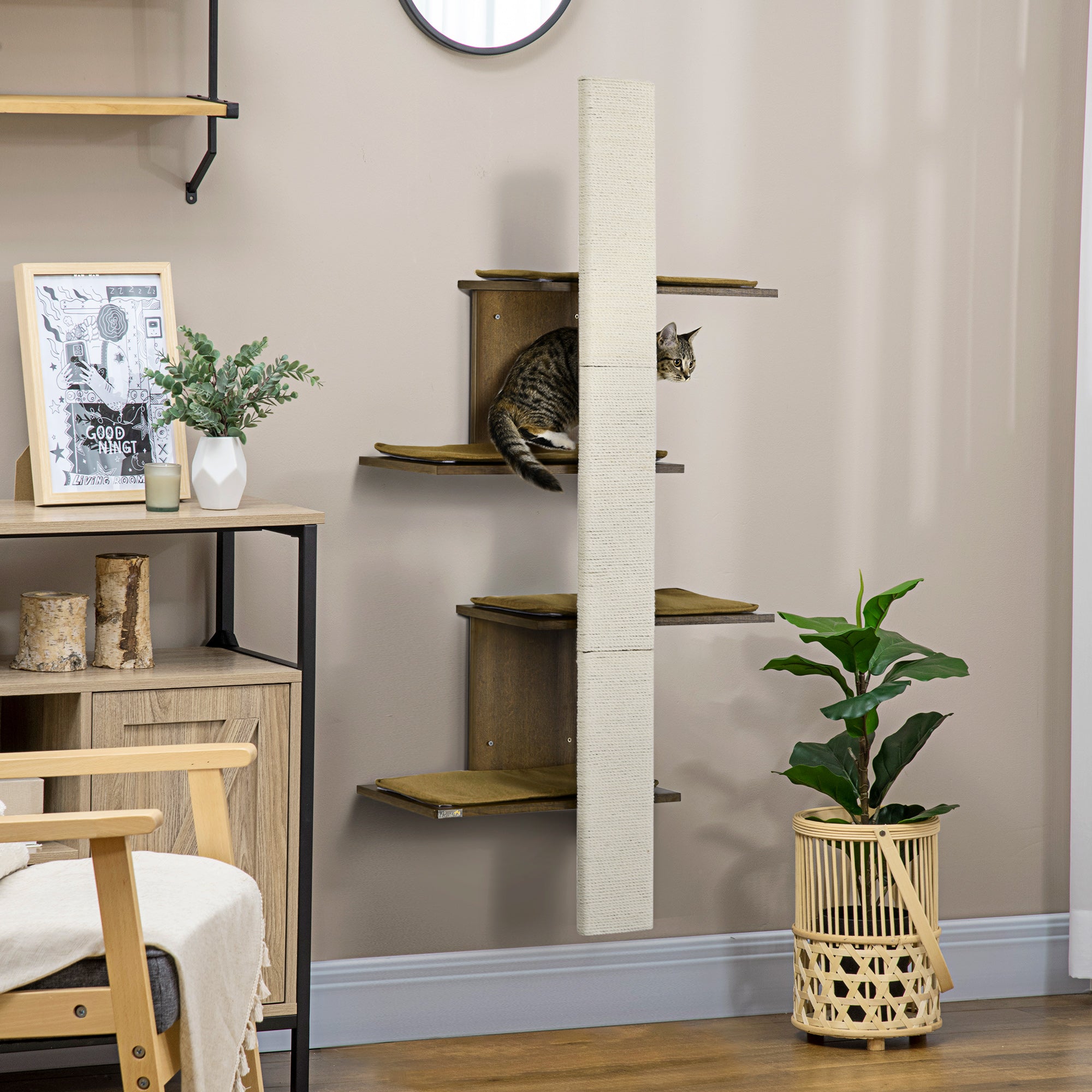 4-Layer Wall-Mounted Cat Tree with Scratching Board, Cat Wall Shelves Furniture