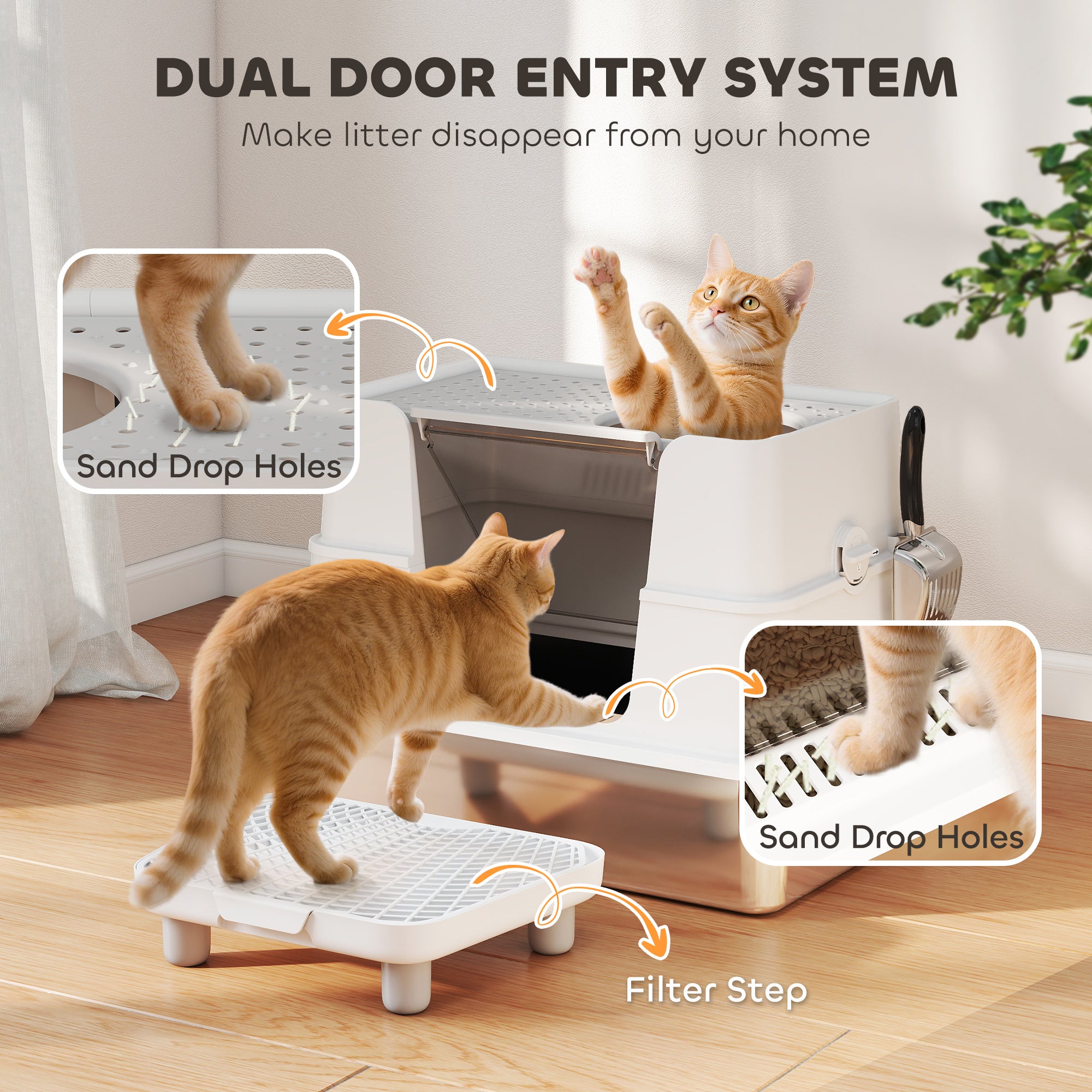 XL Stainless Steel Litter Box w/ 100¡ã Flip Top, Scoop, Step, Top & Side Entry Enclosed Litter Box for Big Cats
