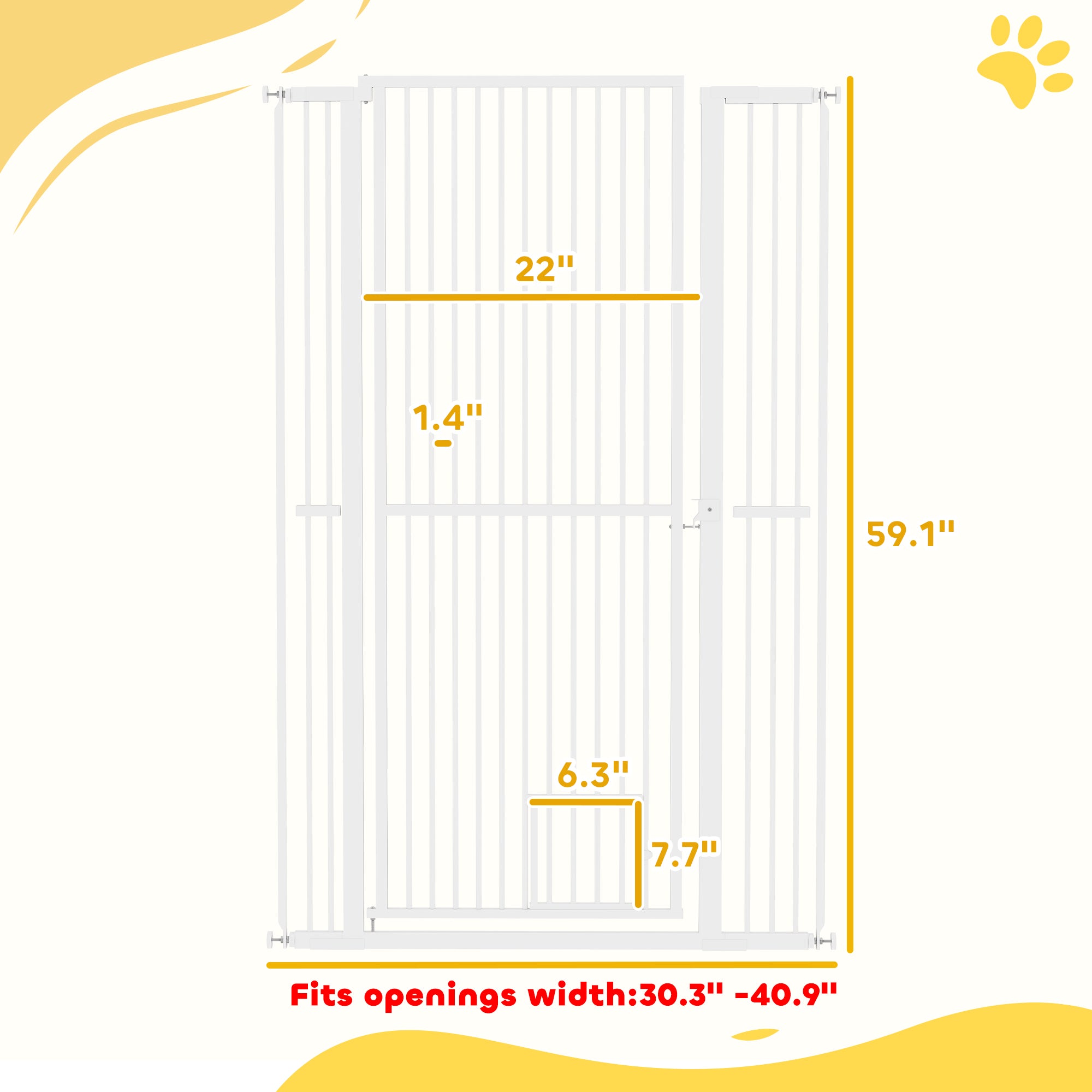 59" Extra Tall Pet Gate, 30"-41" Dog Gate with Cat Door, 1.4" Narrow Gap, 2.8" and 5.5" Extension, for Doorway, Hallway