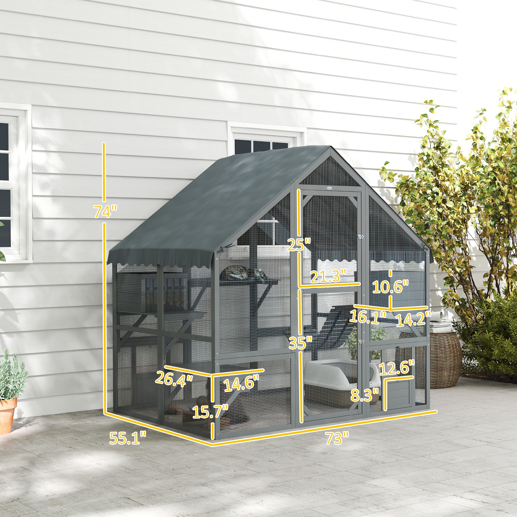 Wooden Catio Outdoor Cat Enclosure with Waterproof Cover, 2 Condos, 4 Platforms, Bridge, Doors, Gray