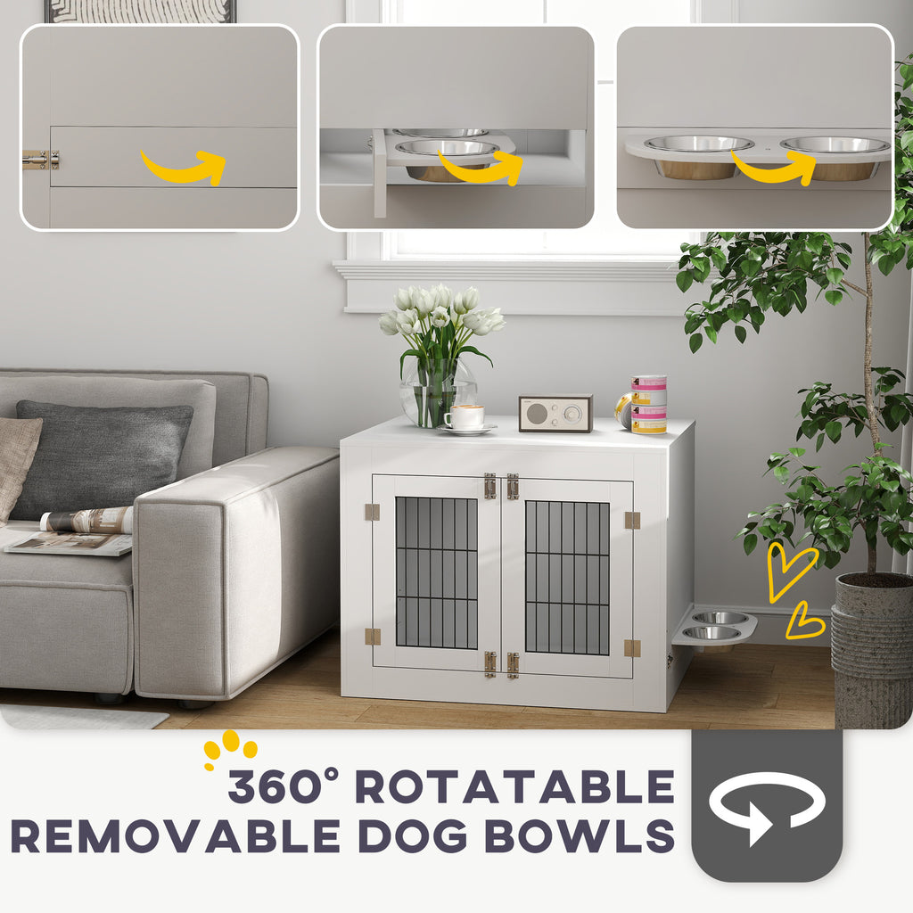 Dog Crate Furniture with 360¡ã Rotatable Removable Dog Bowls