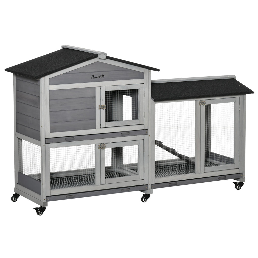 62" Wooden Mobile Rabbit Hutch with Wheels, Run Box, Slide-out Tray, Ramp