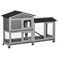 62" Wooden Mobile Rabbit Hutch with Wheels, Run Box, Slide-out Tray, Ramp