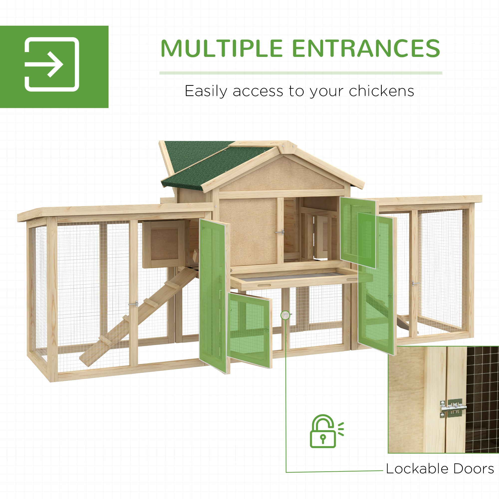 Wooden Chicken Coop ith Nesting Box, Double Runs, Removable Tray, Ramps, for Garden Backyard