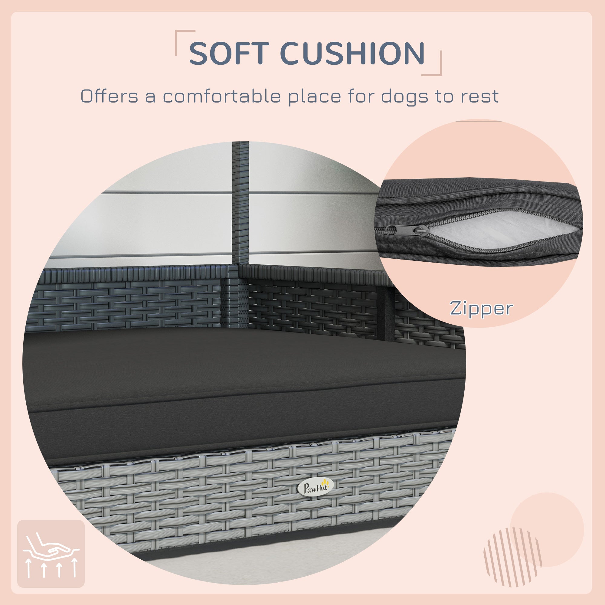 Wicker Dog House Outdoor with Canopy, Rattan Dog Bed with Water-resistant Cushion, Raised Pet Bed for Small, Medium Breeds up to 66 lbs, 20" in Length, Silver Wicker, Gray Cushion