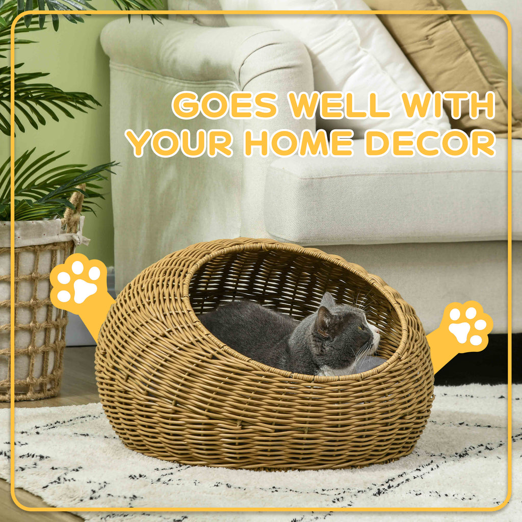Rattan Cat Bed with Washable Cushion for Cats, Puppies, Light Brown