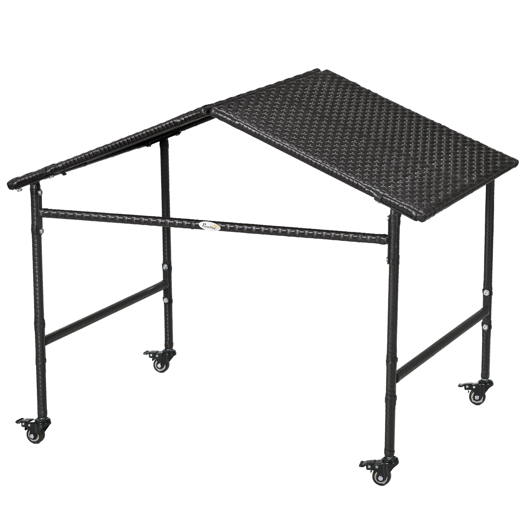 Outdoor Dog Shelter with Wheels, Portable Wicker Animal Shelter for Small and Medium Sized Dogs, Dark Brown